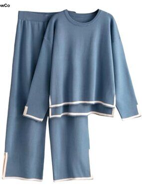 Women's 2-Piece Lounge Set: Knit Crew Neck Top & Wide Leg Pants